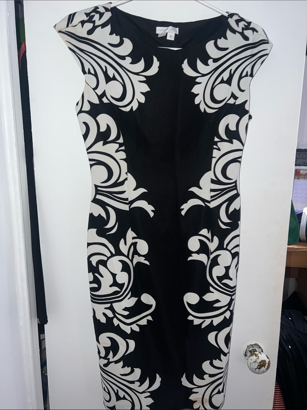 Black and Cream Cap-Sleeve Sheath Dress